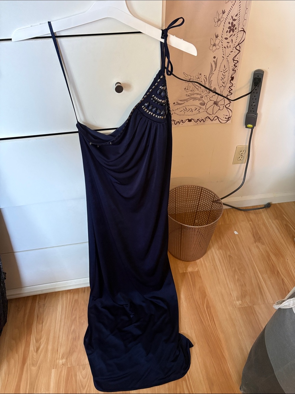 BCBGMaxAzria Navy One-Shoulder Maxi Dress with Beaded Detail